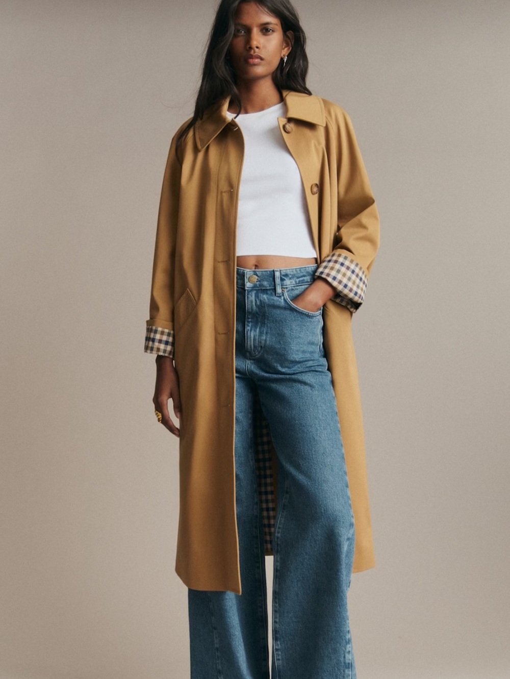 Sézane Clyde Camel Tan Trench Coat with Gingham Lining